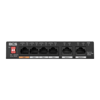 BCS-L-SP04G02G(2) - 6 portowy niezarządzalny switch Gigabit (PoE), 4 porty PoE Gigabit, 2 porty RJ-45 uplink Gigabit.